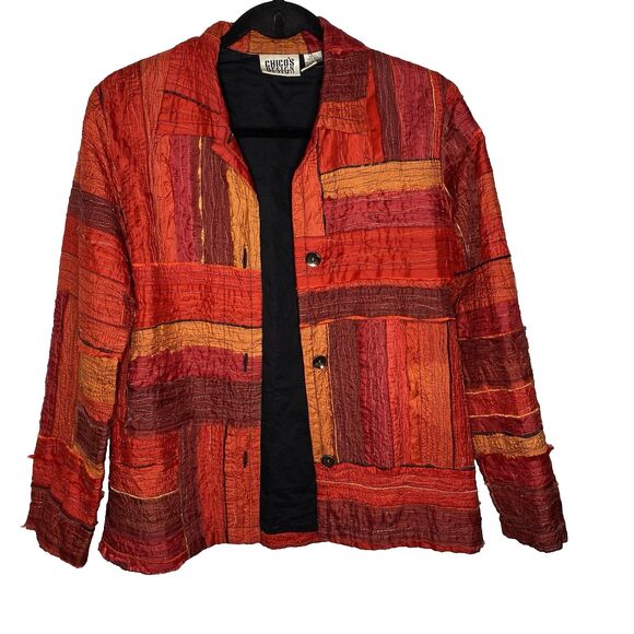 Vintage CHICOS Design Silk Shacket Patchwork Raw Edge Metallic Womens 0 S Red - Picture 1 of 10